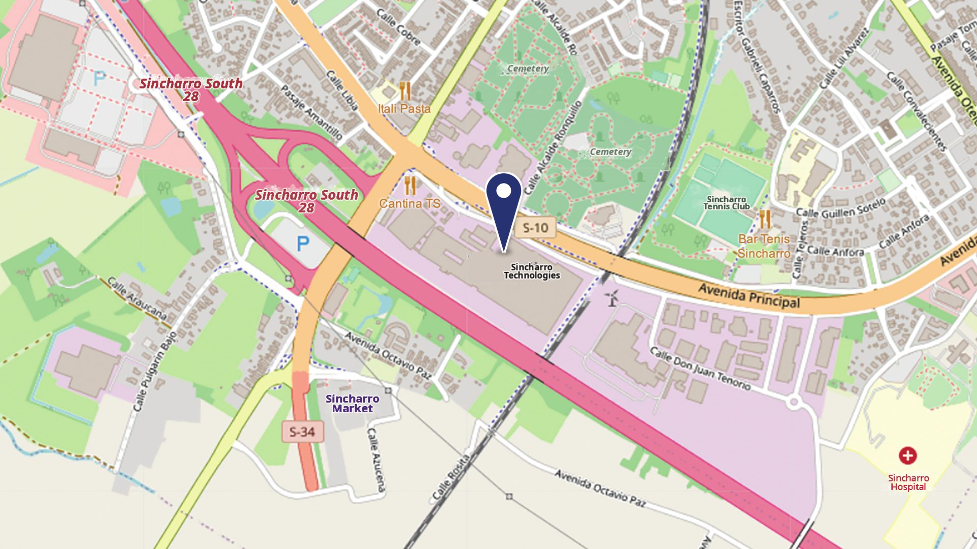Map of Sincharro showing the location of Sincharro Technologies next to the Sincharro South 28 exit